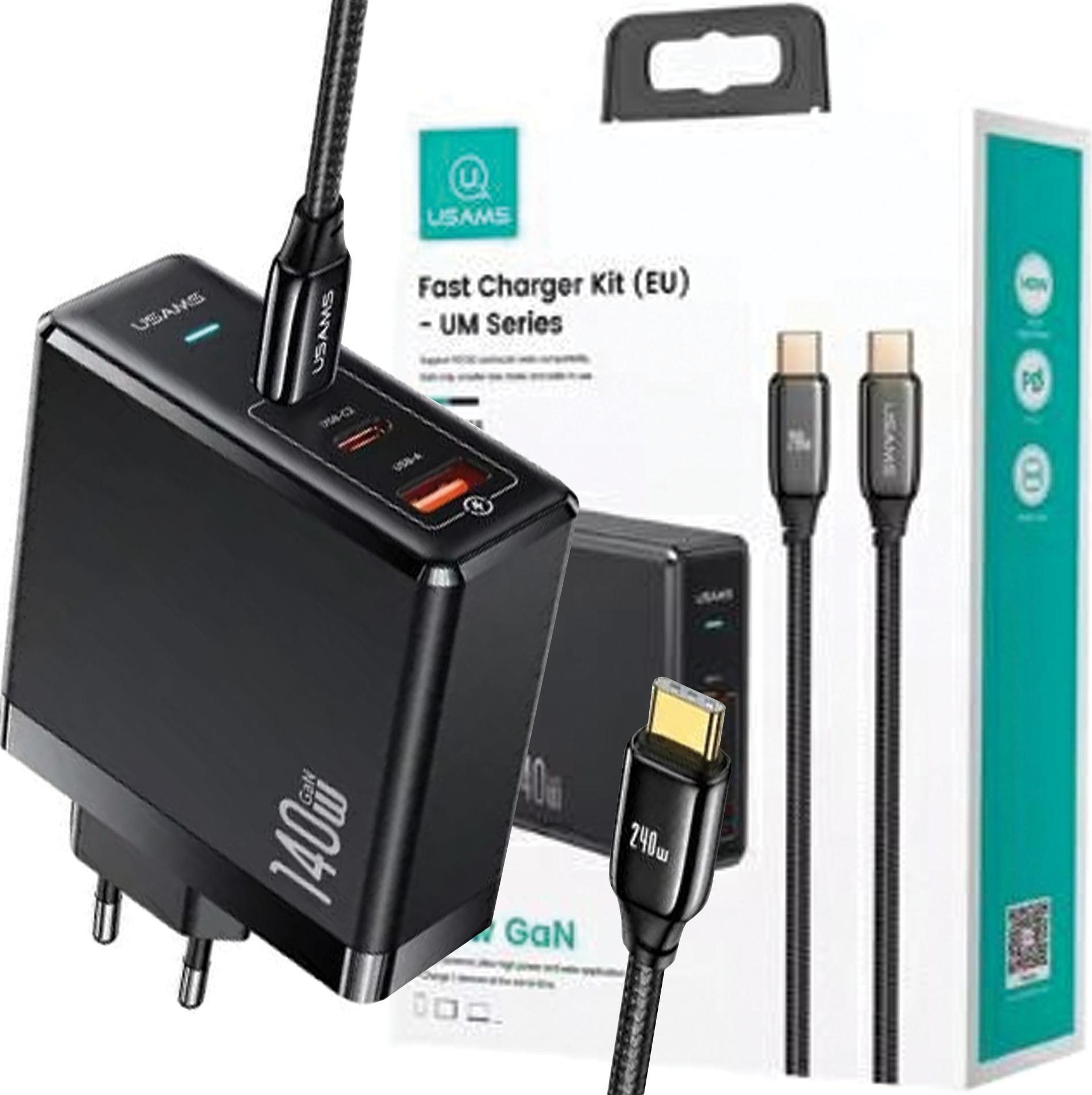 Usams Ład. Siec. 2Xusb-C+1Xusb T52Pd140W Pd rýchle nabíjanie Us-Cc168 + Kabel U82 Usb-C/Usb-C Us-Sj581 240W Czarny/Black Um Series Umxlogtc01