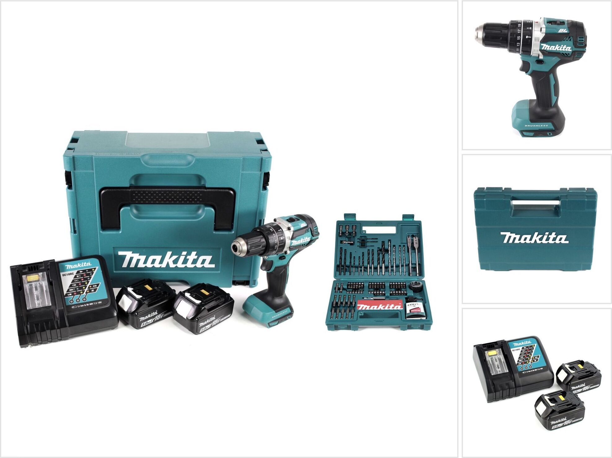 Akumulátorová príklepová vŕtačka Makita DHP 484 RTJ 18V Brushless Li-Ion v Makpac vrátane 2x 5,0 Ah akumulátora a nabíjačky + Makita B-53811 Sada bitov a vrtákov 100 ks