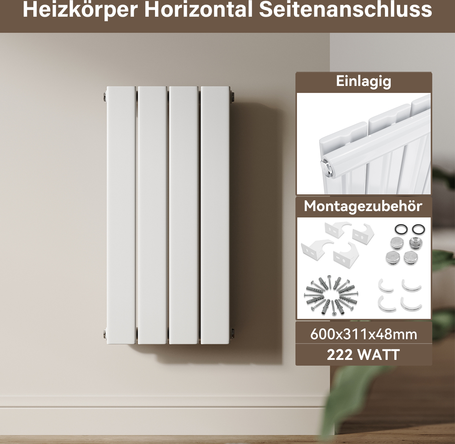 SONNI panelový radiátor 600 × 311 mm Jednovrstvový biely vertikálny radiátor