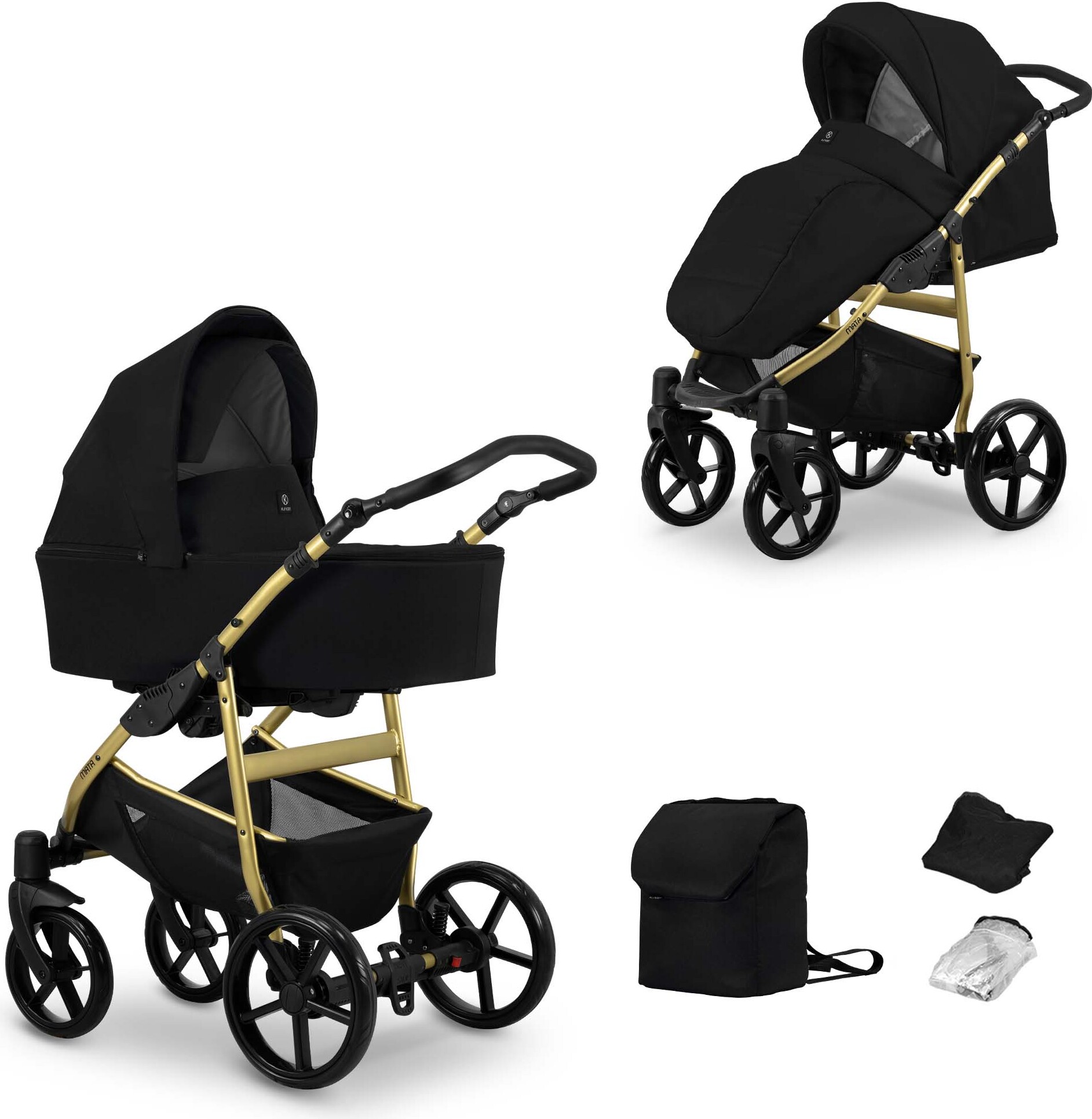 Kinderwagen MATA Sportwagen Babywagen Babyschale Komplettset Kinder Wagen Set 2 in 1 (schwarz, Rahmenfarbe: Gold)