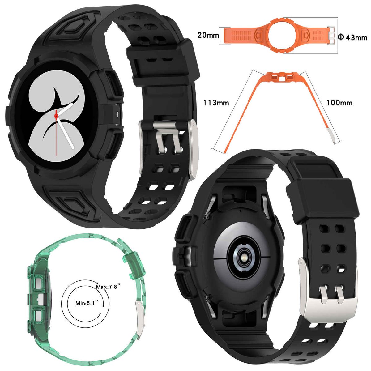 Pre Samsung Galaxy Watch 4 44mm plastový / silikónový remienok s ochranou puzdra Watch Watch Watch Black Náhradný remienok na ruku