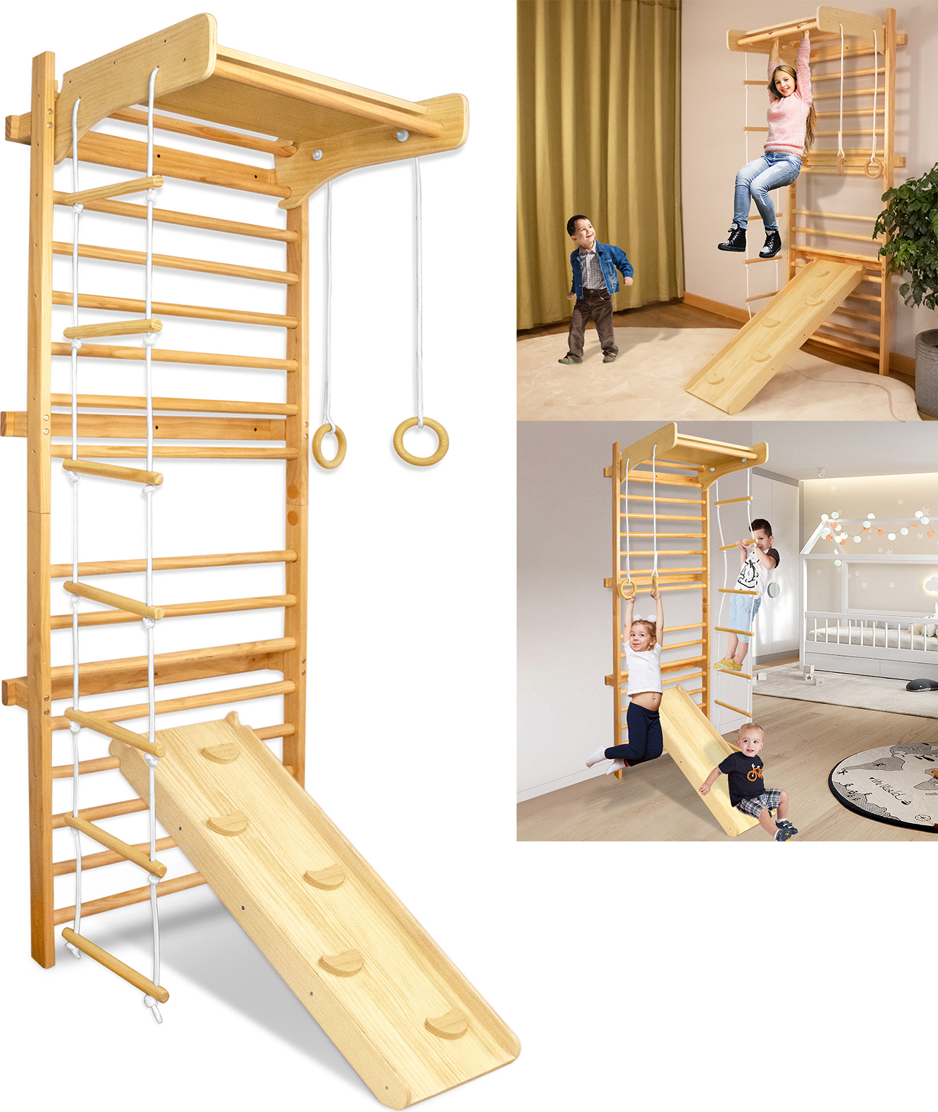 Structure D'escalade Intérieure 9 En 1 Pour Enfants - Bois Naturel Avec Toboggan, Balançoire, Filet - 120x120 Cm