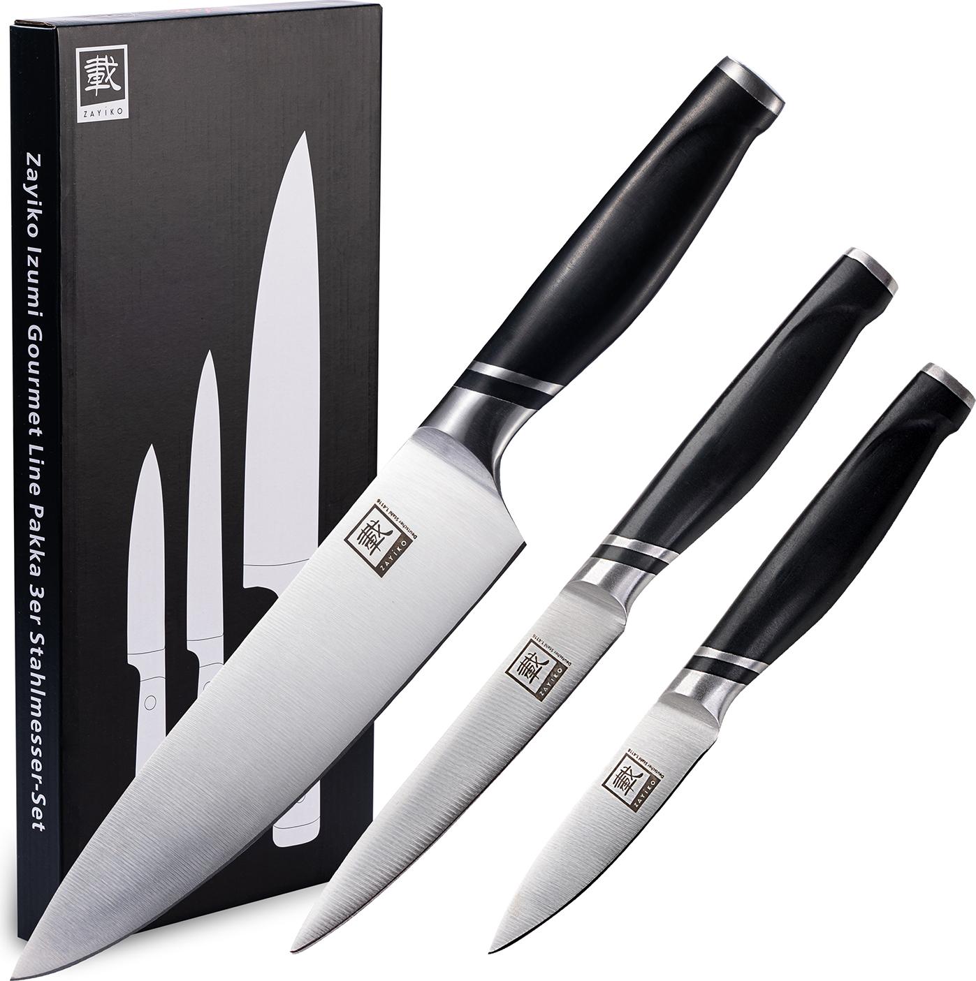 Zayiko 3er Messer-Set - Klingenlängen von 8,50 cm bis 20,00 cm I Scharfe Küchenmesser und Profi Kochmesser aus deutschem Stahl mit ABS Griff und Geschenkbox Serie Zayiko NAMI