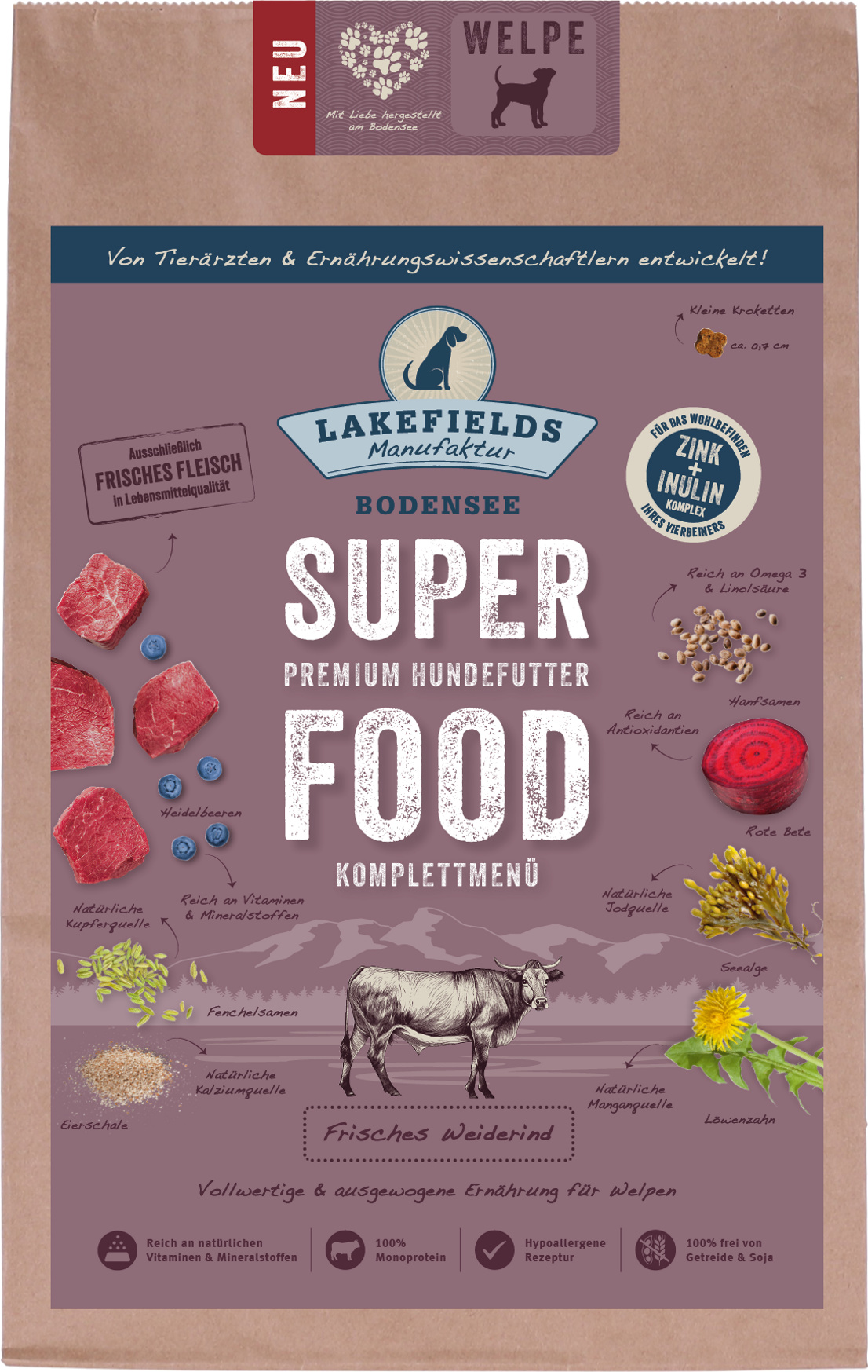 Lakefields Trockenfutter Hund SUPERFOOD Premium WEIDERIND für Welpen, 4 x 2.5 kg