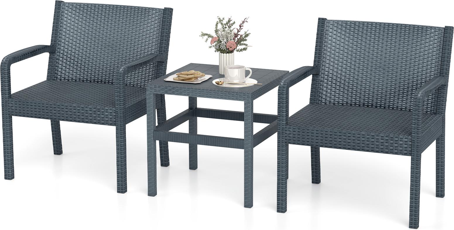 3-dielna súprava záhradného nábytku, terasový nábytok s 2 ratanovými kreslami a štvorcovým bočným stolíkom, ergonomické sedenie v modernom štýle, sivá farba