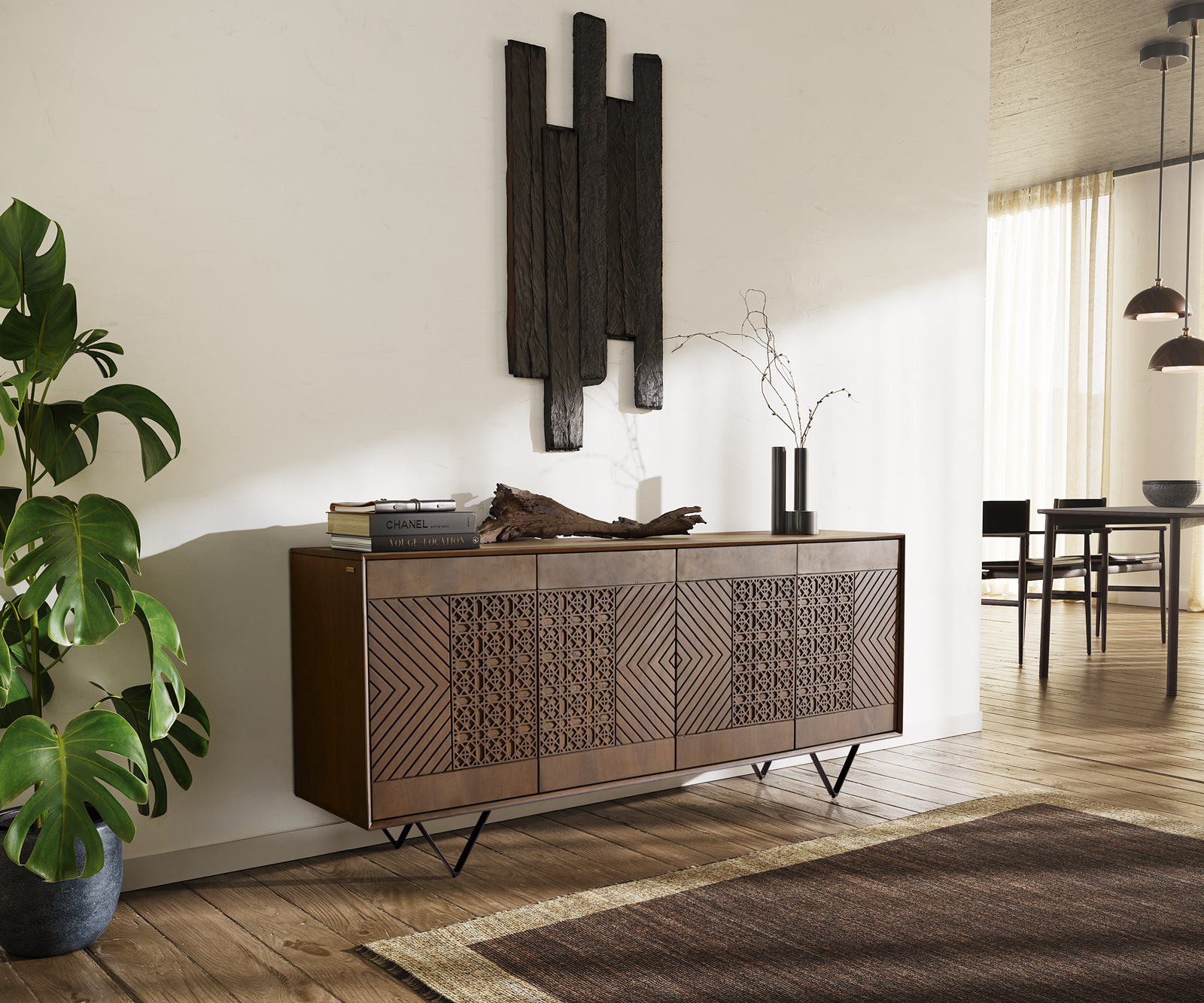 DELIFE Sideboard Manjula 170 cm Mango Braun 4 Türen V-Fuß Metall Schwarz 38752
