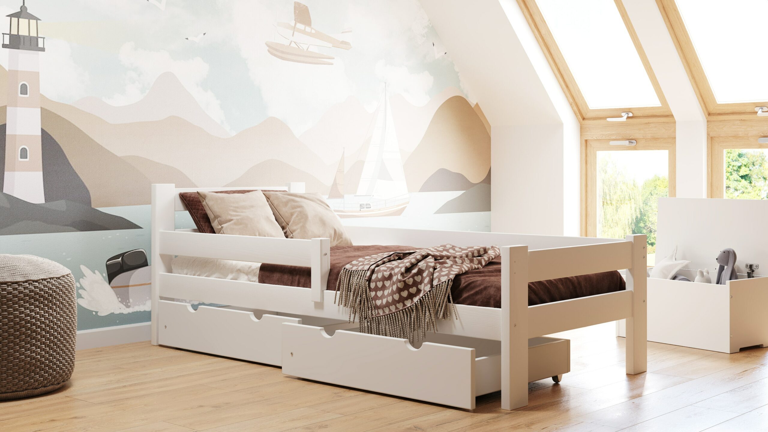 Holz-bett mit Rausfallschutz, Kiefer-Einzelbett Paweek Max, Meble Wróbel, 80 x 180 cm, Weiß