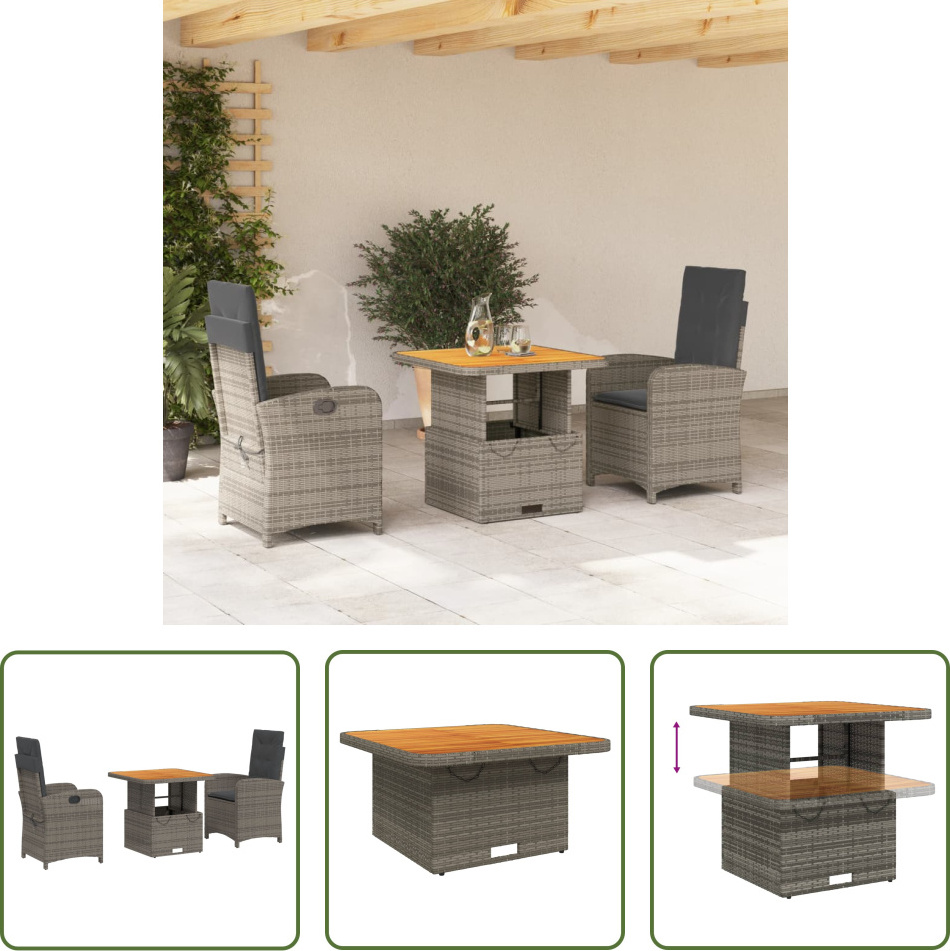 The Living Store 3-dielny záhradný jedálenský set s vankúšmi sivý polyratan