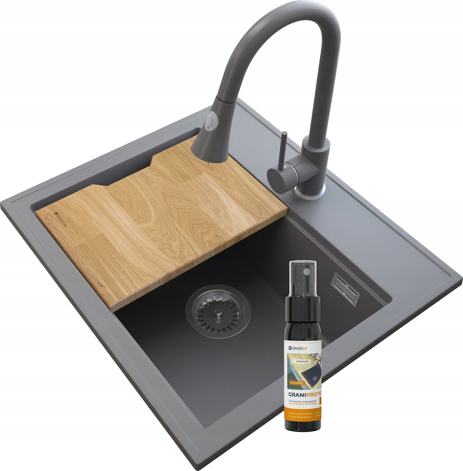Granitar Granitan | Granitspüle FOXAL - grau - mit SNAKE Küchenarmatur - inklusive Holzbrett und Pflegeprodukt