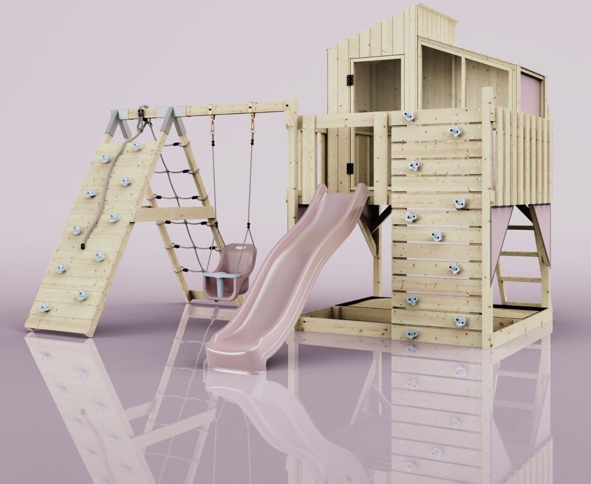 OutdoorToys Outdoor Spielturm mit Wellenrutsche, Spielhaus aus Holz mit Kinderschaukel, Kletterwand, Kletternetz, Ausführung: Babyschaukel, Farbe: Altrosa, mit Babyschaukel O4.5.00314.11