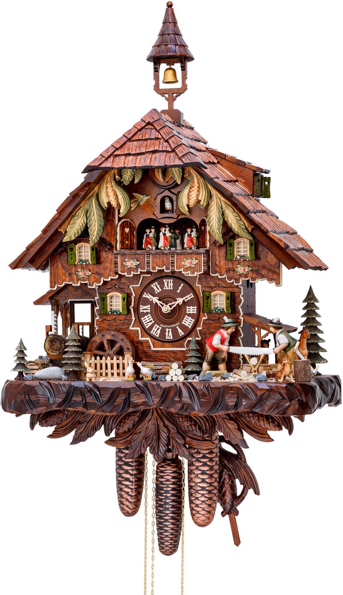 Cuco Clock Kuckucksuhr Schwarzwalduhr "Sägewerk" 30 x 48 x 52cm Wanduhr aus Holz, 8 - Tage Werk, automatische Nachtabschaltung 42513459120910