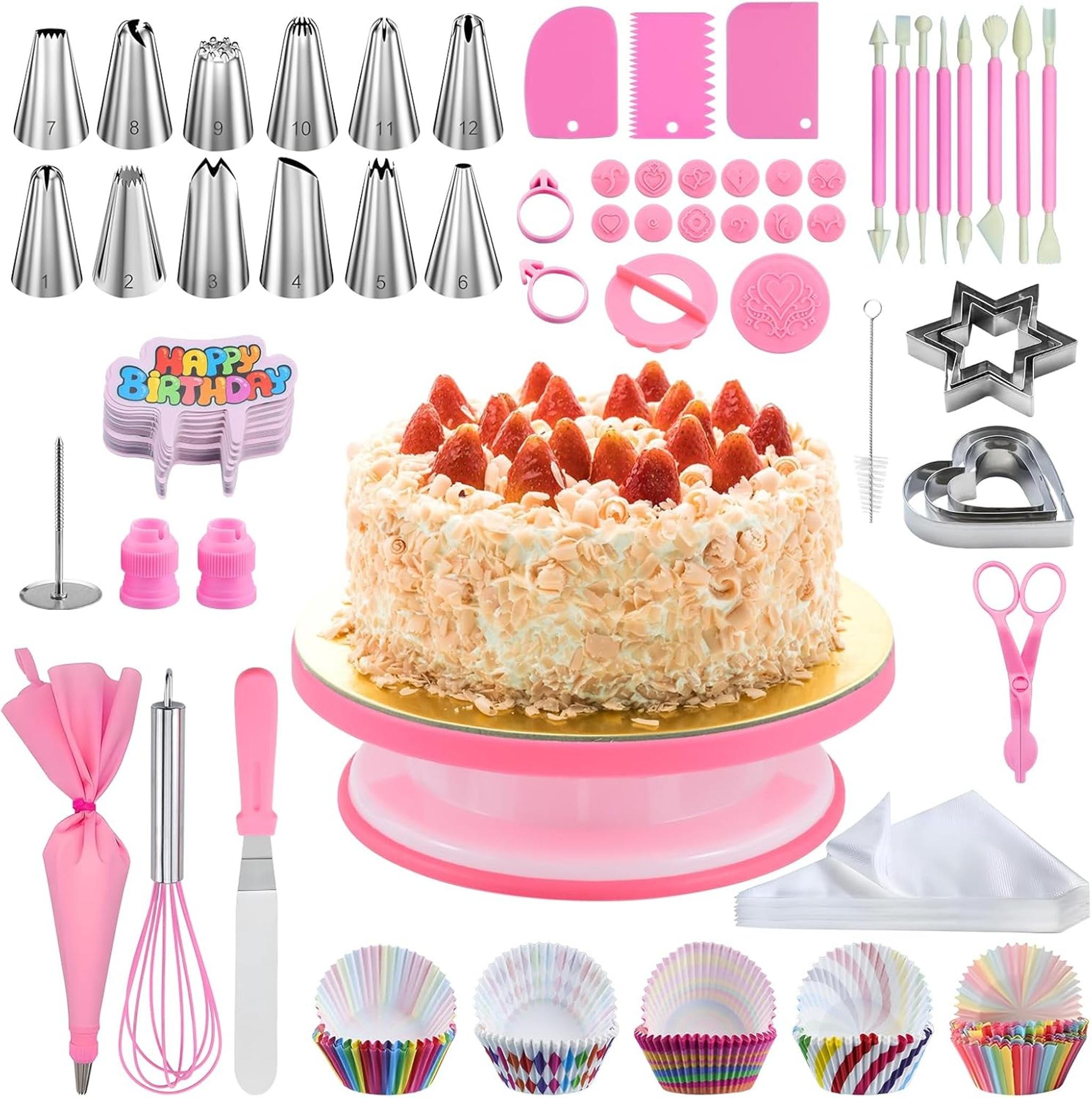 snq Torten Zubeh?r -255 St¹ck, Tortenplatte Drehbar Backwerkzeuge Set, Tortendrehteller Tortenset, Backutensilien Backzubeh?r f¹r Torten, Spritzt¹llen Set, Backset, Tortendekorationssets (Rosa) ZJL-READ-03801
