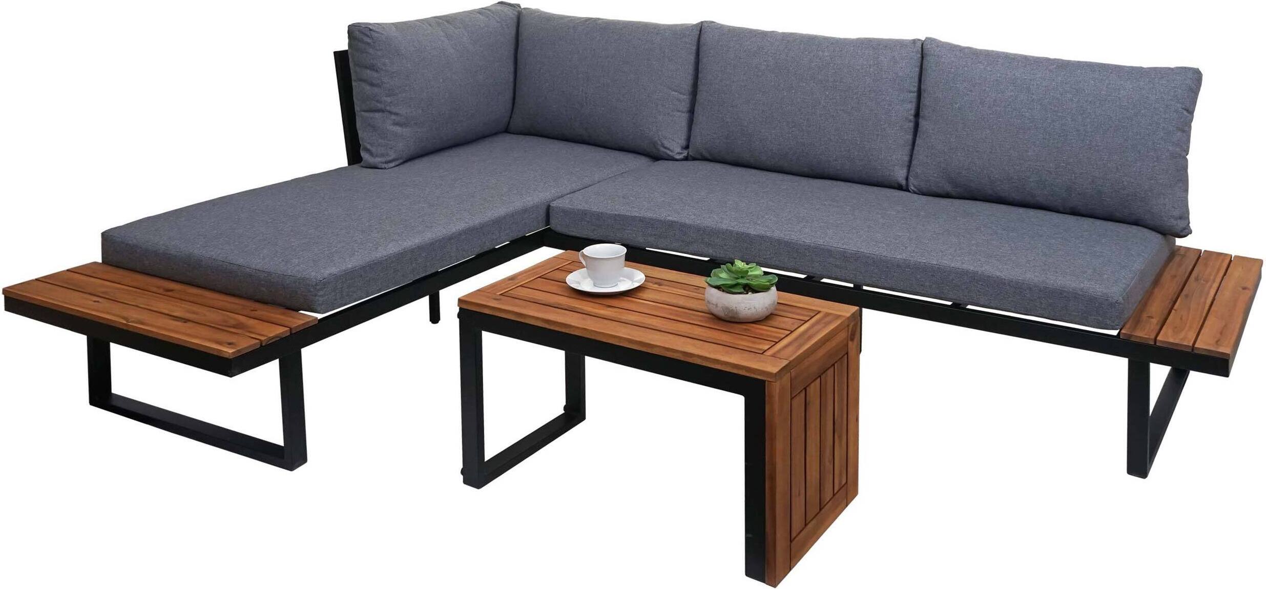 Záhradná súprava HWC-L27, Sedacia súprava Lounge Set Sofa, Spun Poly Alu Acacia Wood MVG-certified ~ dark grey