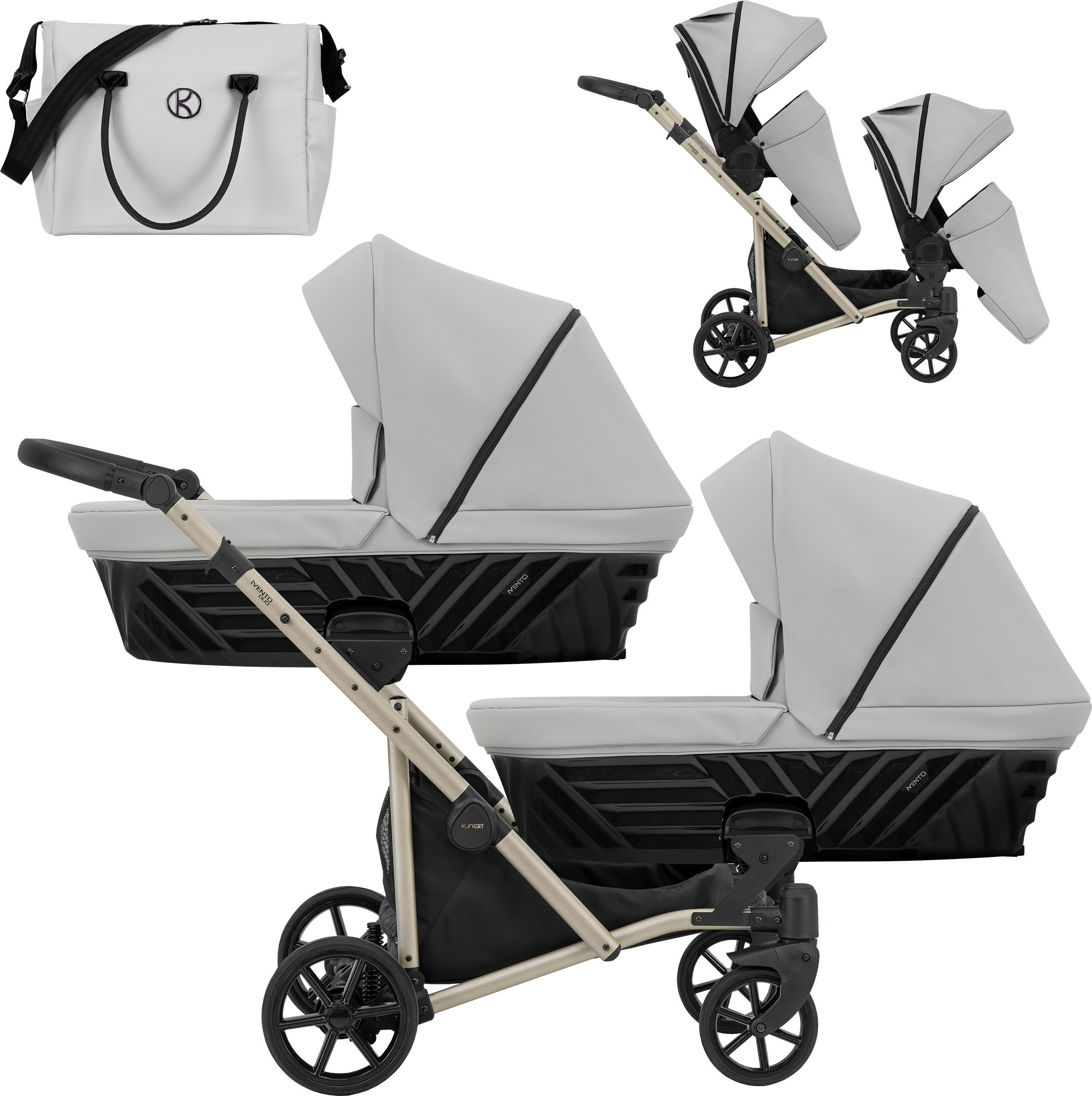 Kinderwagen IVENTO DUO 2 in 1 Komplettset Zwillingskinderwagen Geschwisterwagen Zwillingsbuggy Doppelkinderwagen (Dove Grey, Rahmenfarbe: champagne)