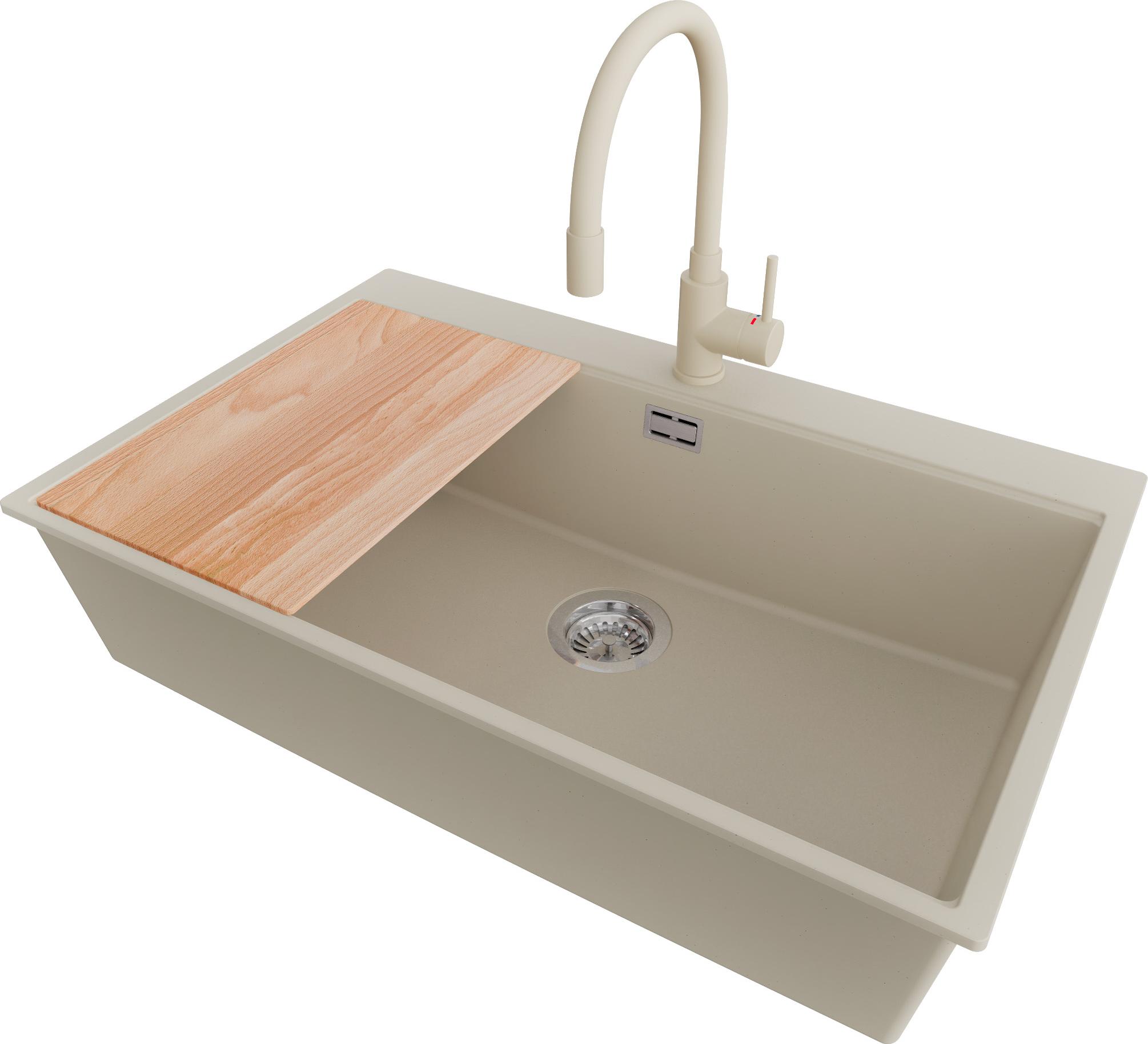 PRIMAGRAN Granitspüle Beige 78x50cm, Spülbecken 1 Becken + Küchenarmatur 38x14cm + Ablauf-Set + Schneidebrett, Küchenspüle ab 80er Unterschrank - Oslo
