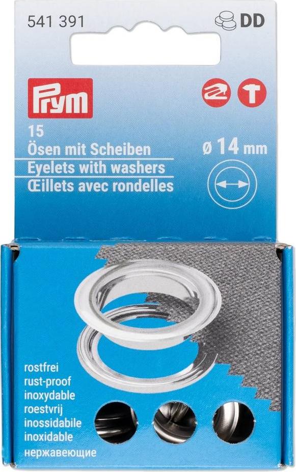 Prym Ösen mit Scheiben 1 cm Metallösen Set für Stoffe und Lederarbeiten 14 mm, 15 Stück 541391