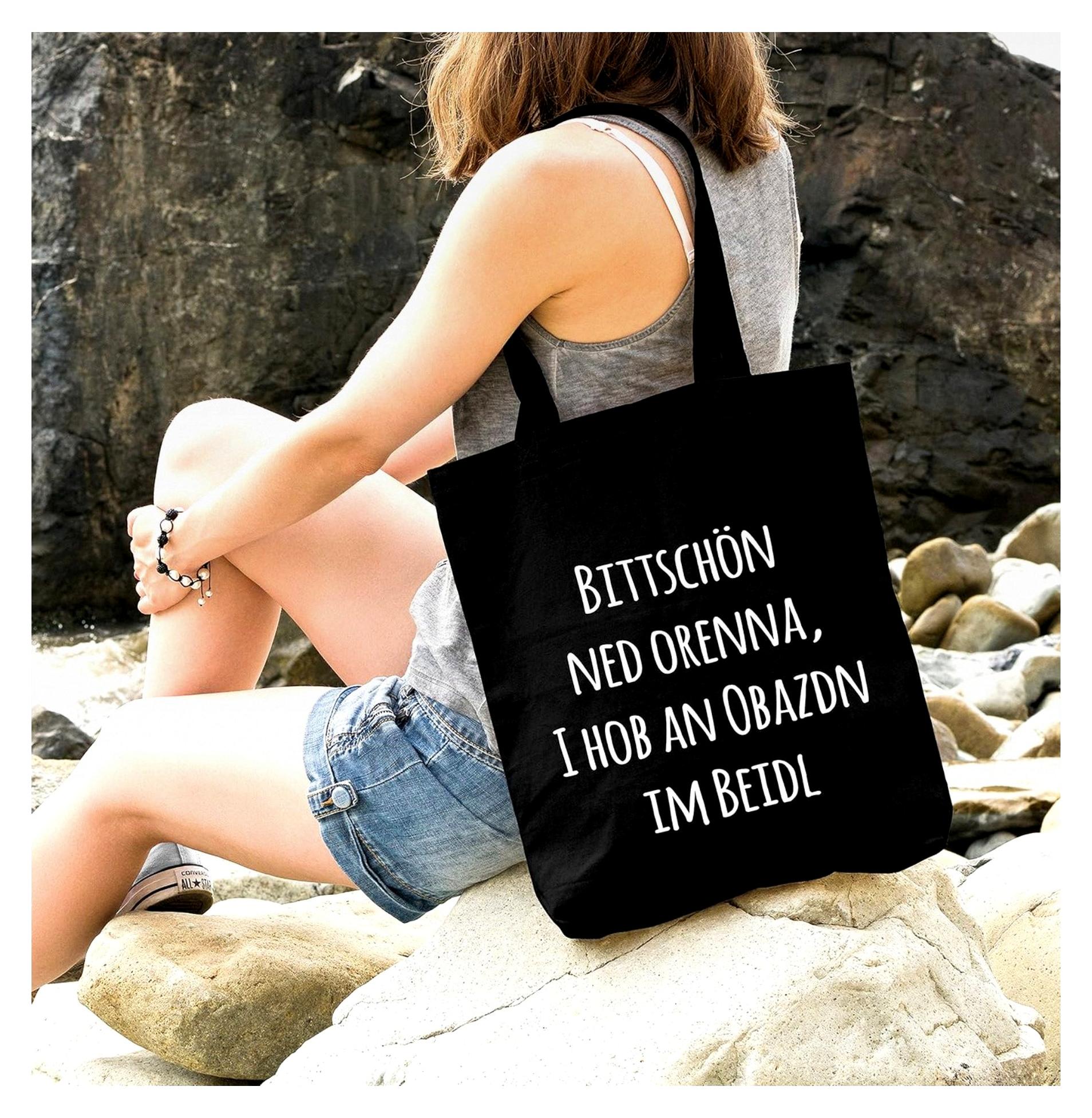 Markenlos Einkaufstasche mit Spruch "Bittschön ned orenna, I hob an Obazdn im beidl", schwarz, 2 lange Henkel