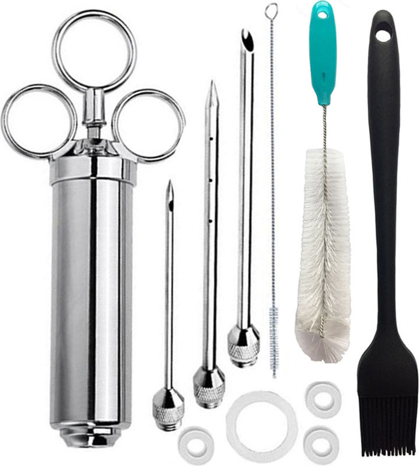 Vyydsdzhg BQ Bratenspritze mit 3 Nadeln,Pulled Pork Set inkl Fleischspritze,krapfenspritze,Marinadenspritze aus Edelstahl 304 Gewürzspritze Grill Reinigungsbürste Huhn Rind Gebäck Kau-VG-14311