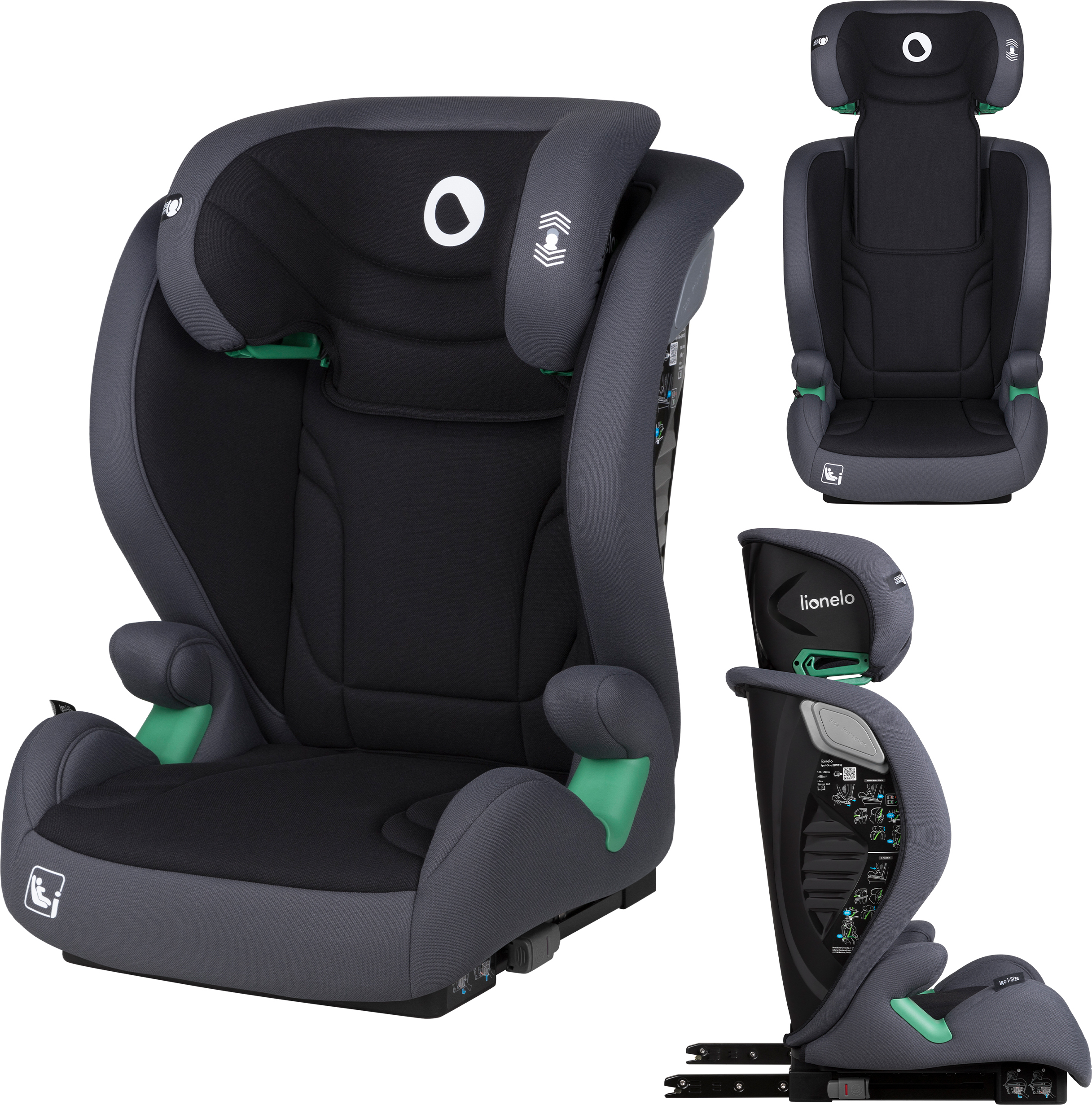 Detská autosedačka Lionelo Igo i-Size od 3 rokov do 12 rokov, upevnenie ISOFIX alebo bez pásu v smere jazdy - sivá