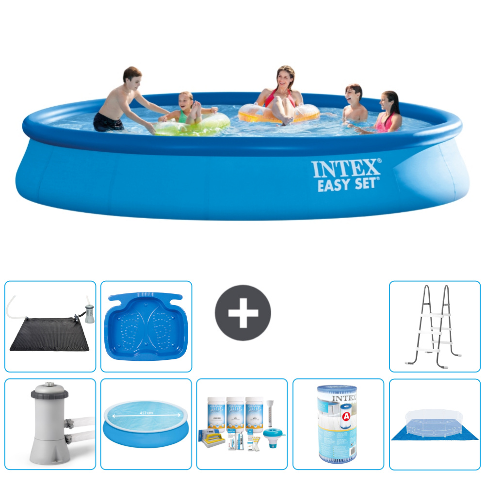 Okrúhly nafukovací bazén Intex Easy Set - 457 x 84 cm - modrý - vrátane markízy s čerpadlom - balík na údržbu - filter - podložka - solárna rohož - rebrík