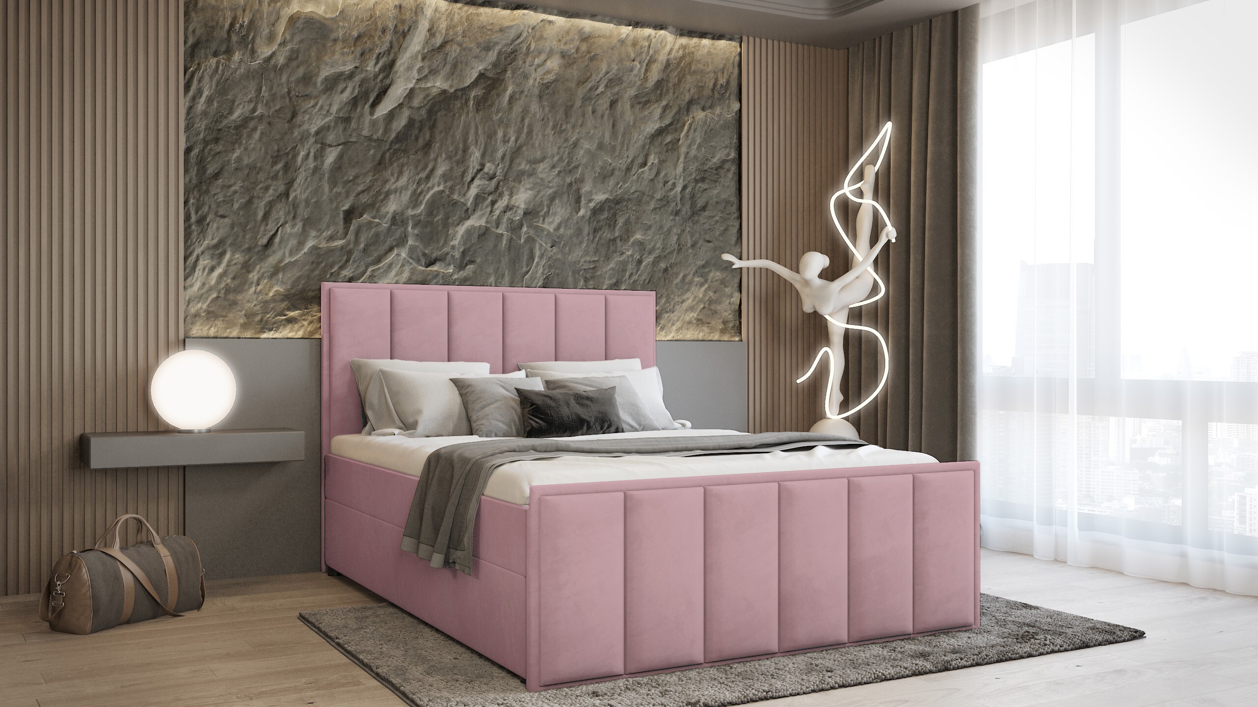 PREDAJ LEADER skriňová pružinová posteľ PARIS 140x200 cm čalúnená posteľ s dvoma zásuvkami, kompletná súprava s matracom a topperom (4 cm), ružová, látka na posteľ JASMINE 62