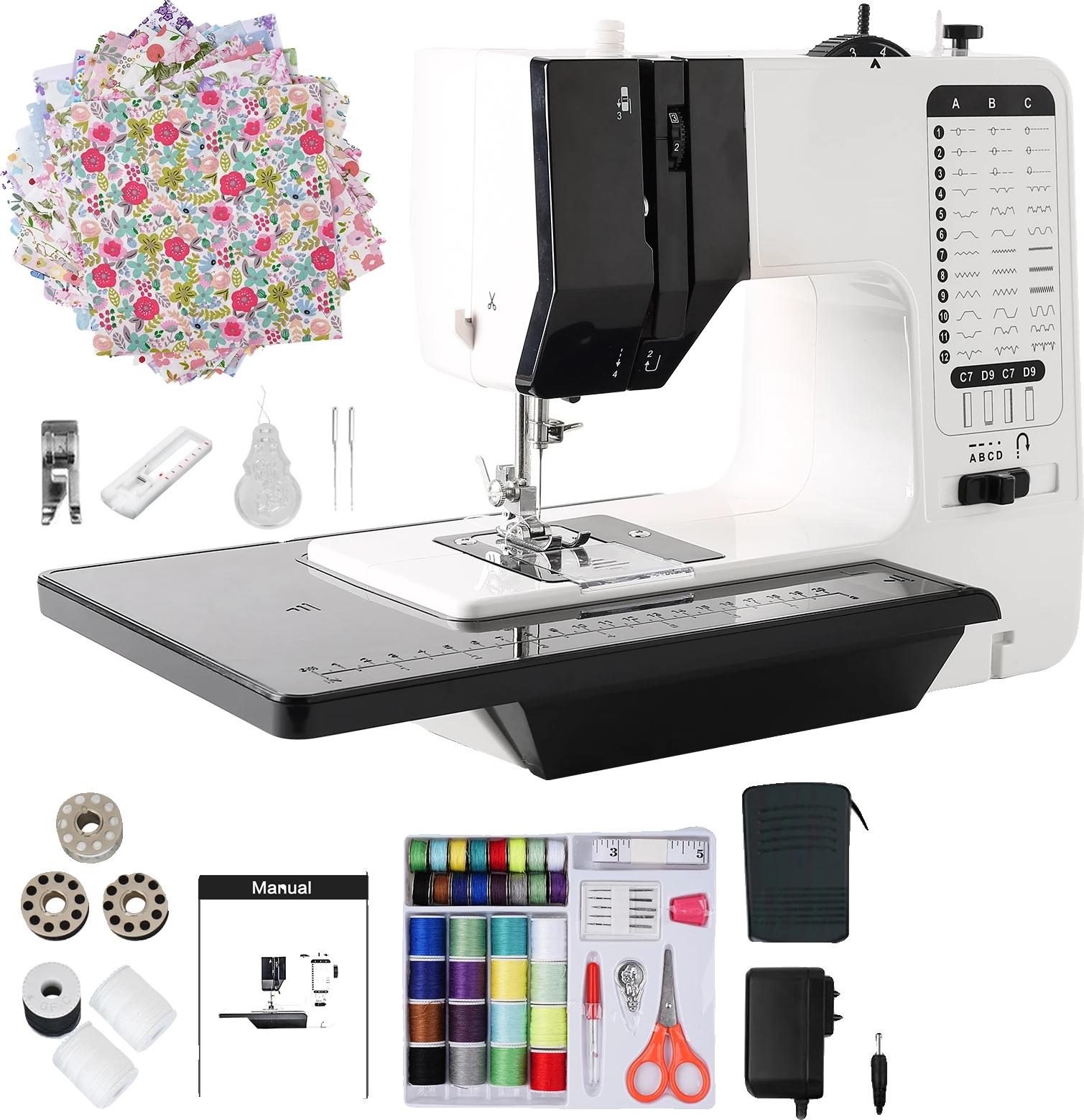 Mini elektrický šijací stroj, 12 vstavaných stehov, nastaviteľná hustota, odolný plast a kov, rozmery 30 cm x 15 cm x 25 cm, napájanie DC 6V