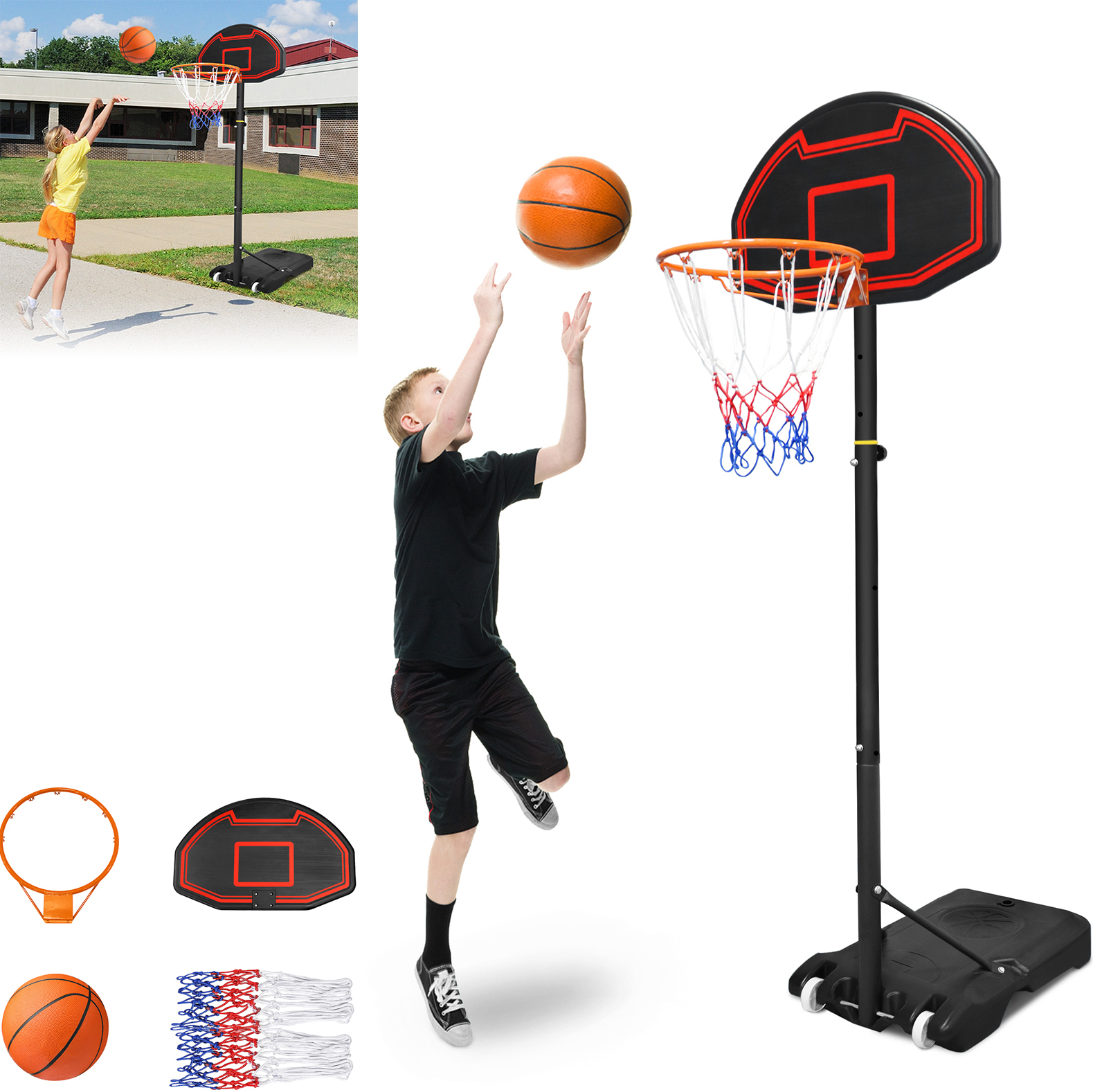 ACXIN Basketballkorb Outdoor für Kinder, 156–208cm Höhenverstellbar Basketballständer, Mit 2 Basketballnetzen und 1 Basketball, Transportable Basketba