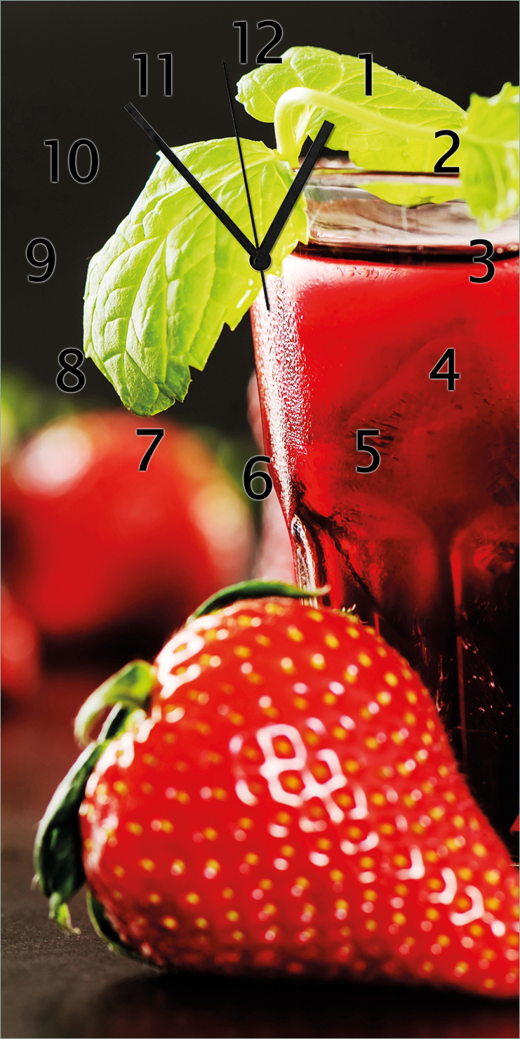 Wallario Design Wanduhr Erdbeer-Mojito - Frische Erdbeeren aus Echtglas, Größe 30 x 60 cm gugs5018-3060