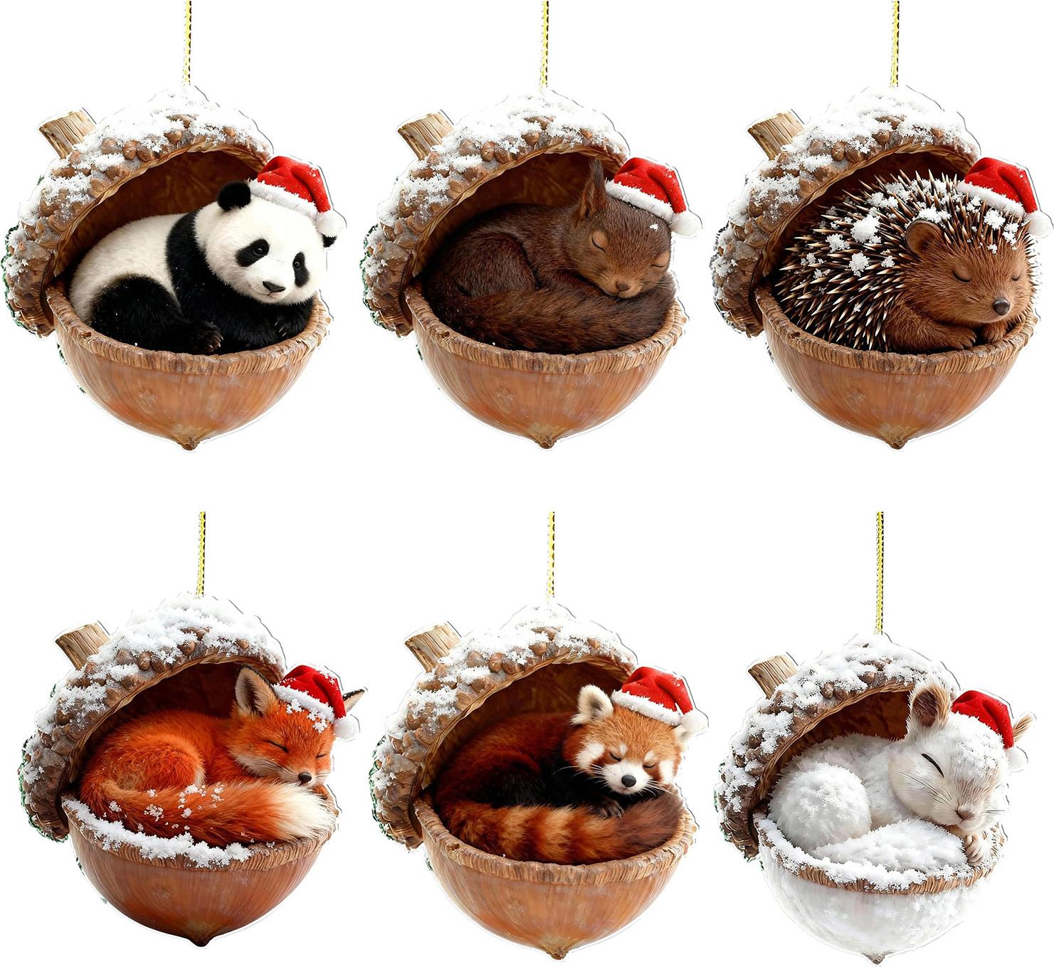Bremen 2D-Waldtier-Eichel-Ornamente, gemütliches Waldtier im Schnee, frostige Tannenzapfen-Ornamente, Waldtier-Acryl-Hängeornamente für Tierliebhaber 4633238