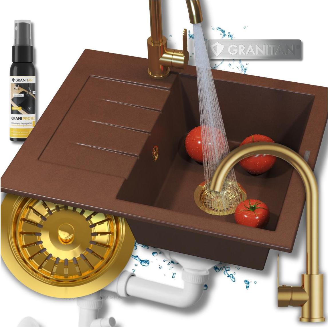 Granitan | Küchenspüle - Granitspüle - MILANO - mit Armatur - mit Siphon - 1-Becken - Braun - 57.4 x 46.4 cm