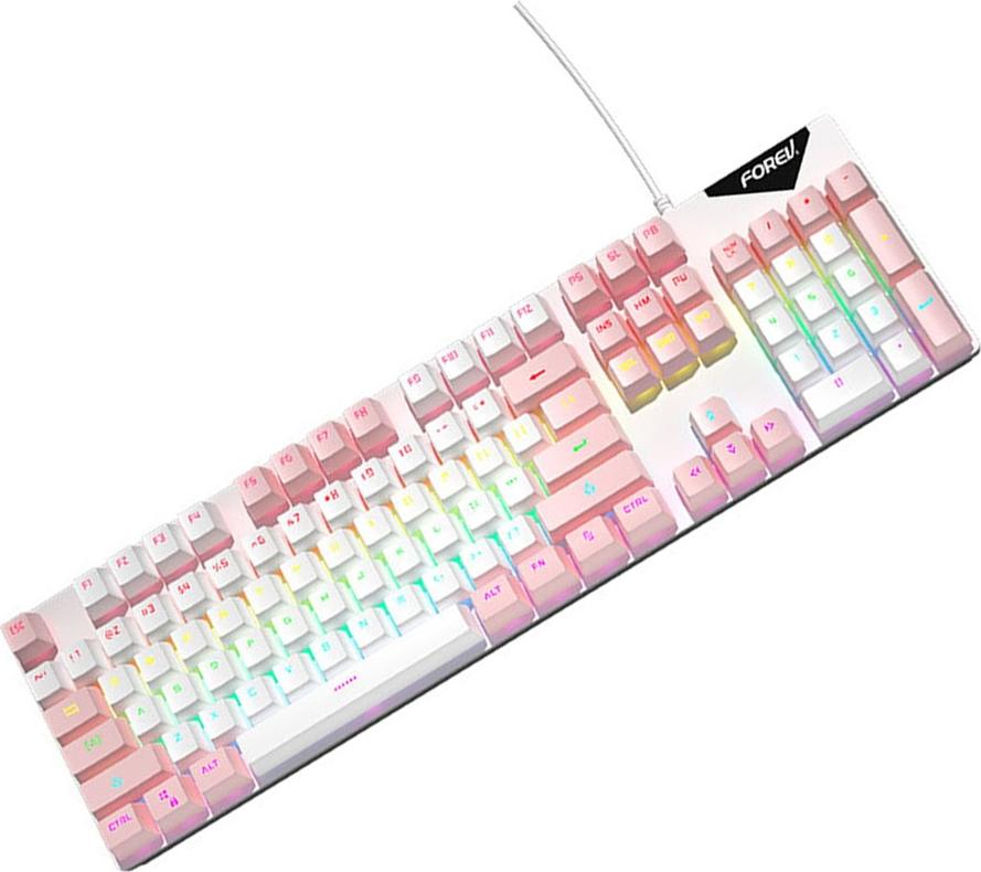 INF Mechanische Tastatur mit Kabel, Regenbogenbeleuchtung, Blaue Schalter, 104 Tasten Weiß+Rosa 395074