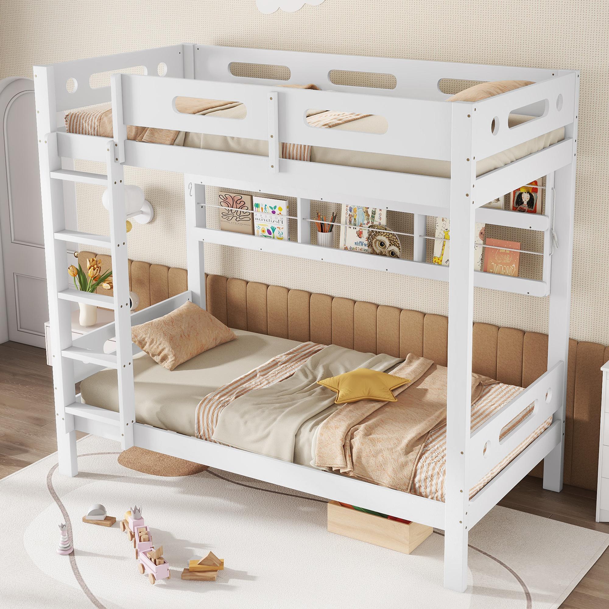 okwish Etagenbett Weiß 90x200cm mit Fallschutzgitter,Bettgestell Holzbett mit Offenes Regal,Kinderbett mit Reichlich Stauraum,mit zwei Matratze