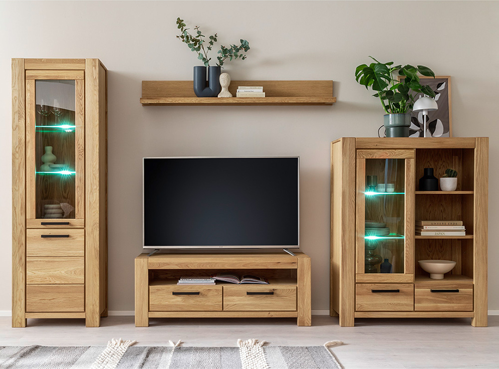 Lomadox Wohnwand braun SELISTE-06 Wildeiche teilmassiv geölt 4-teilig mit Beleuchtung LA06-SELISTE-06-SET10
