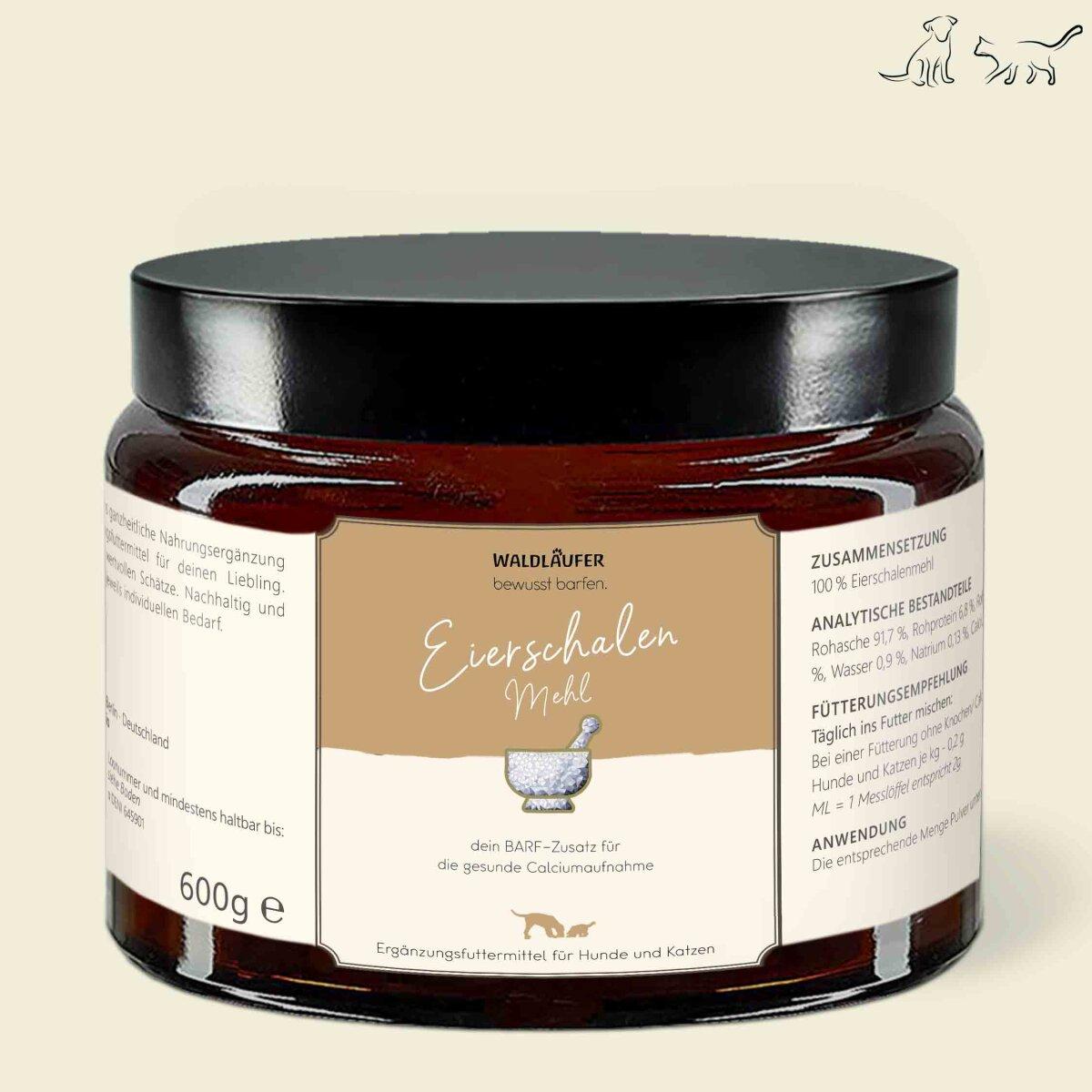 Waldläufer Eierschalenmehl - natürliche Kalziumquelle für Hunde & Katzen - Tiegel 600g
