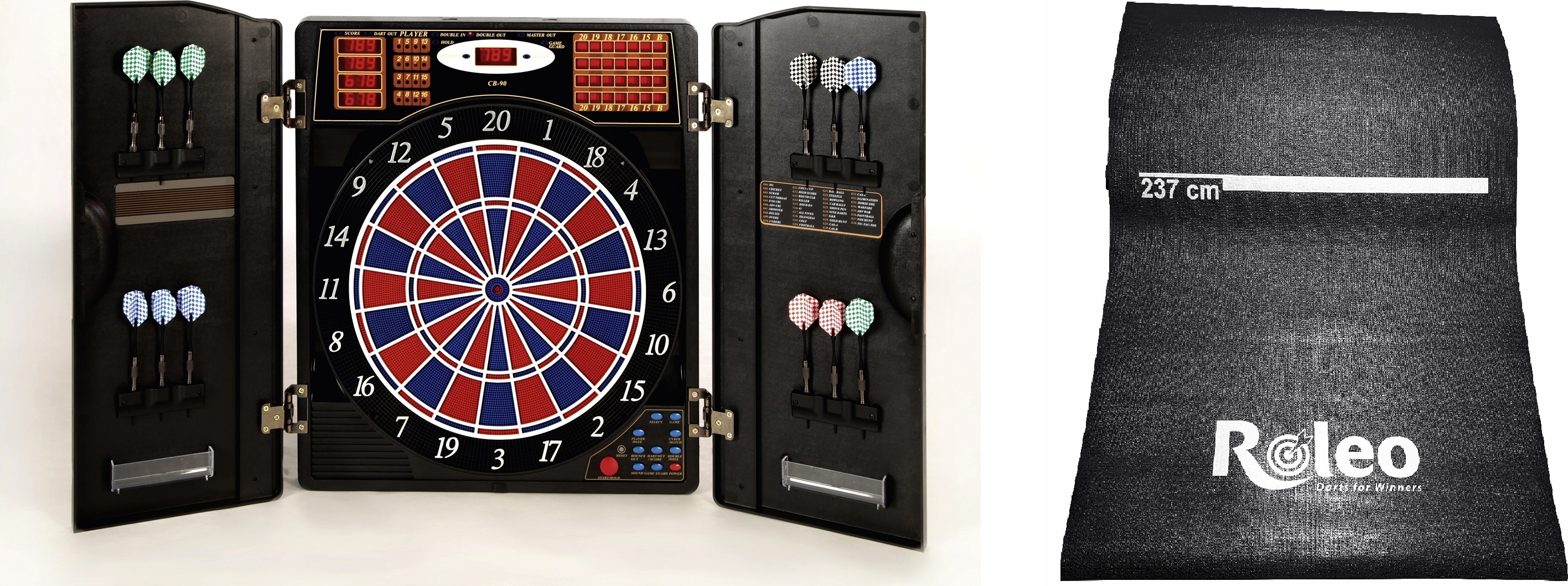 E-Dartscheibe Karella CB 90 + Roleo Dartmatte mit Wurflinie