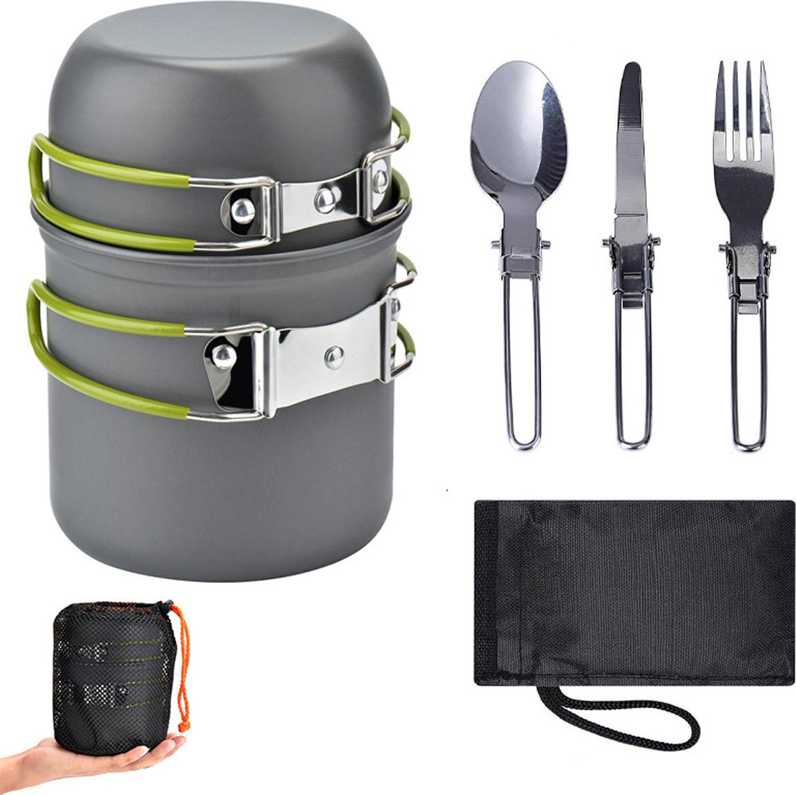 kitudaty Camping Kochgeschirr Set, Camping Topf aus Aluminium, Outdoor Kochgeschirr mit Faltbare Besteck, Campinggeschirr 2 Personen, Camping GeschirrGrün K-XJA-25917-213