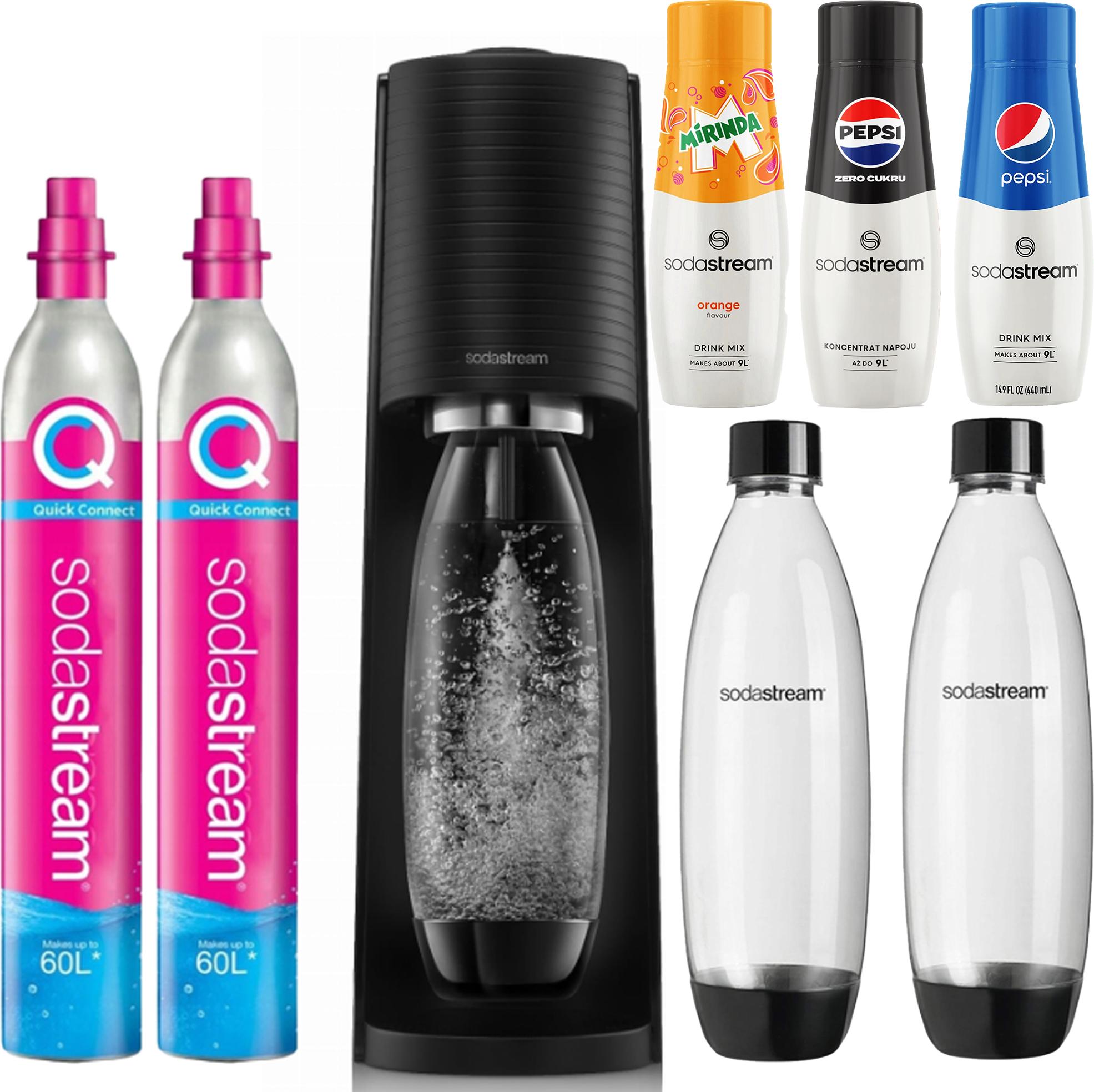 Sodastream Terra Saturator Naboje 2 fľaše 1 l + sirupy Mirinda Pepsi + Max
