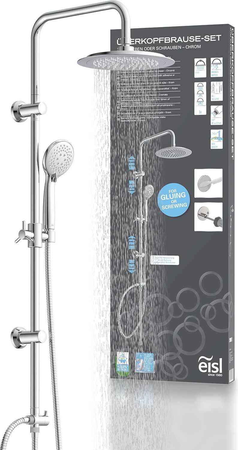 Eisl Brauseset zum Kleben, Brauseset mit Regenbrause, Kopfbrauseset ohne Bohren, Duschsystem ohne Armatur, Duscharmatur mit Regenwaldbrause und Handbrause