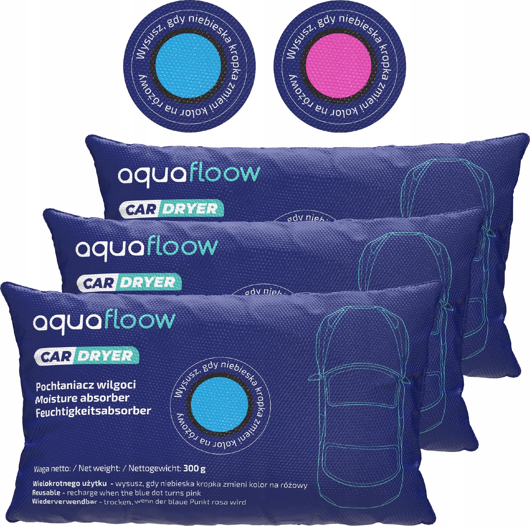Aquafloow 3 Stück 300g Autofeuchtigkeitsabsorber mit Indikator - Wiederverwendbar, Siliziumdioxid 3_AF63-300