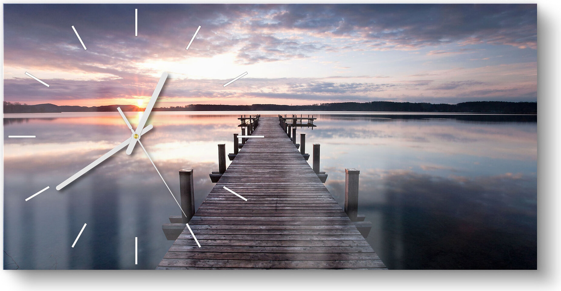 DEQORI Glasuhr 60x30 cm Modern 'Steg bei Sonnenuntergang' Wanduhr Glas Uhr Design leise WC-60-30-M-1112