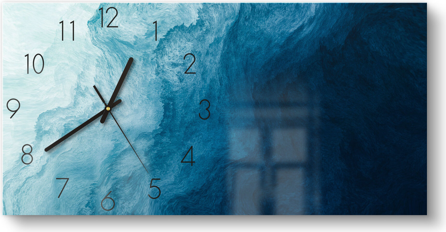 DEQORI Glasuhr 60x30 cm Zahlen 'Aufgewühlte Wellen' Wanduhr Glas Uhr Design leise WC-60-30-N-2442