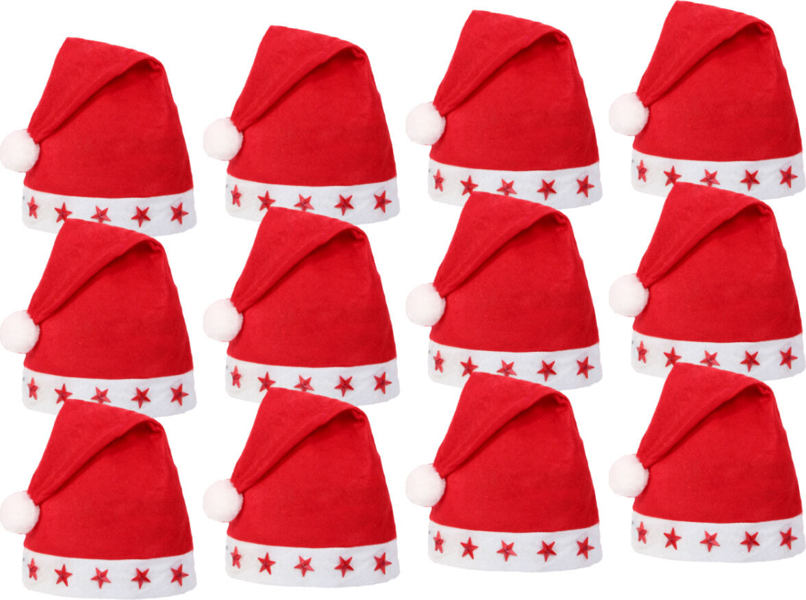 Weihnachtsmützen Set – 12 Stück, Rot Aus Filz, Mit Weißem Rand & Bommel, Für Partys & Dekoration