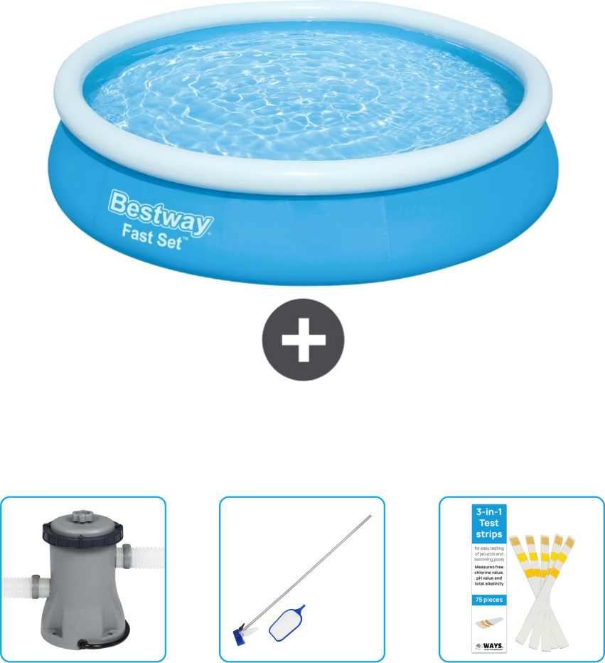 Bestway okrúhly nafukovací bazén Fast-Set - 366 x 76 cm - modrý - obsahuje čerpadlo - čistiacu súpravu - testovacie prúžky