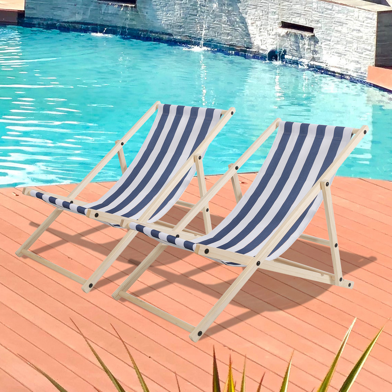 SWANEW Deck Chair Camping Chair Wood Folding Garden Chair Foldable Foldable Fabric Deck Blue White 2 Pieces