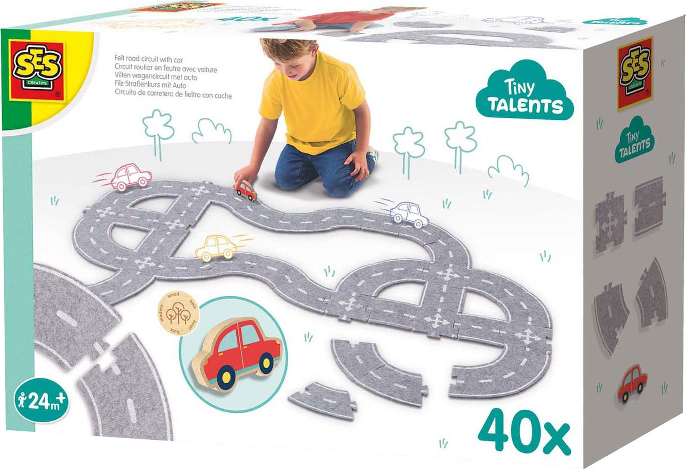 SES Creative 13152 Filz-Straßen-Set 40 Teile mit Auto - Spielset für Kinder ab 24 Monaten - Personalisiere Deine Straßen mit geraden und gebogenen Teilen - Enthält EIN Holzauto 3399738