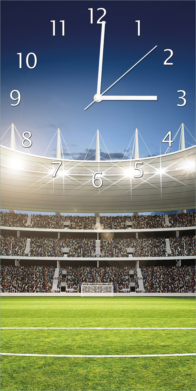Wallario Design Wanduhr Fußballstadion Mittellinie aus Echtglas, Größe 30 x 60 cm guk0773-3060