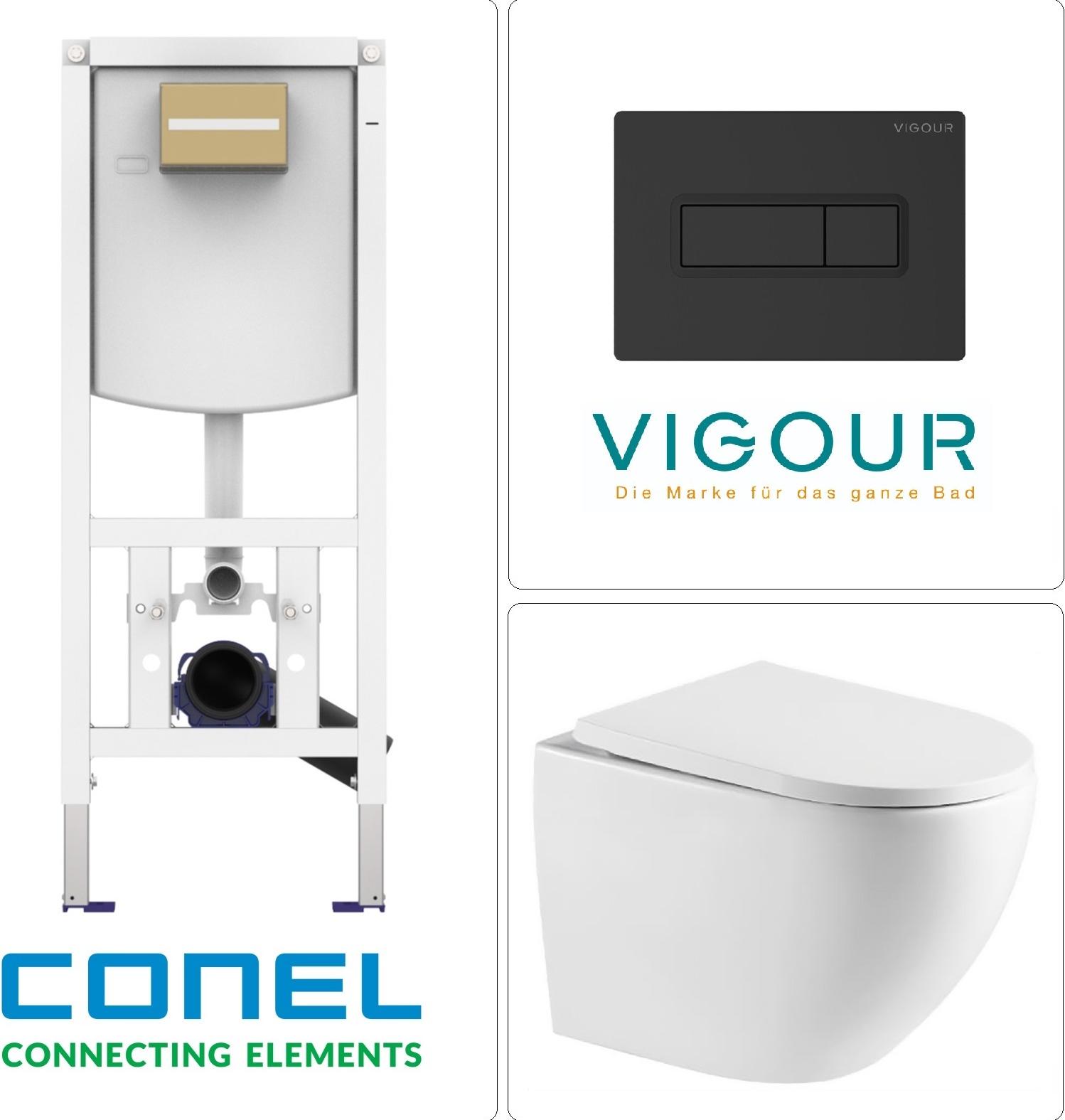 Wand-WC mit Tornado-Spülung, SoftClose WC-Sitz und CONEL WC Vorwandelement mit VIGOUR TEES Betätigungsplatte, schwarz matt