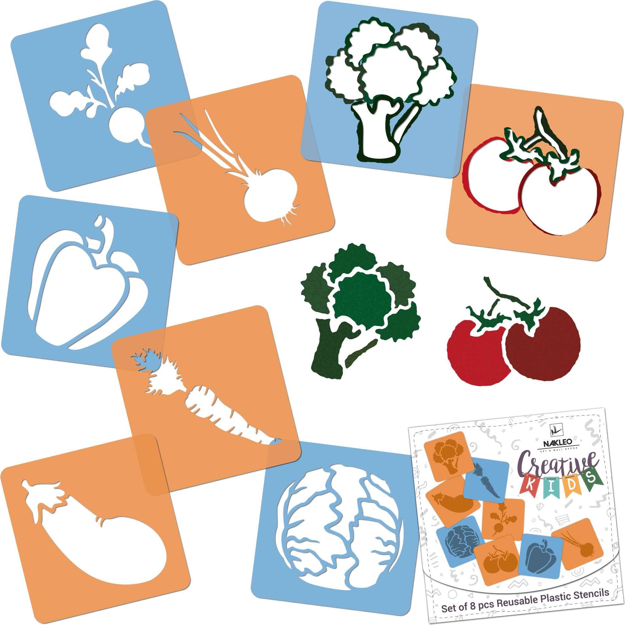 Nakleo Schablonen Malen für Kinder, 8 Stück Set 15x15 cm Gemüse, Kinder Kreatives Zeichenschablonen, Kunststoff Wiederverwendbar Malschablone SZA-CRE-009