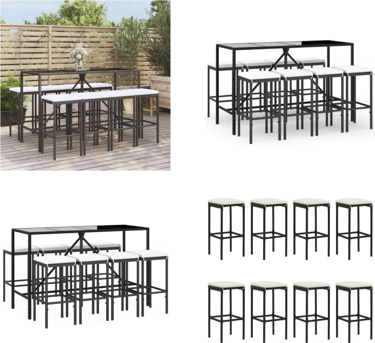 vidaXL 9 tlg. Gartenbar Set mit Kissen Schwarz Poly Rattan - Gartenbar Set - Gartenbar Sets - Garten Bar Set - Gartenbar