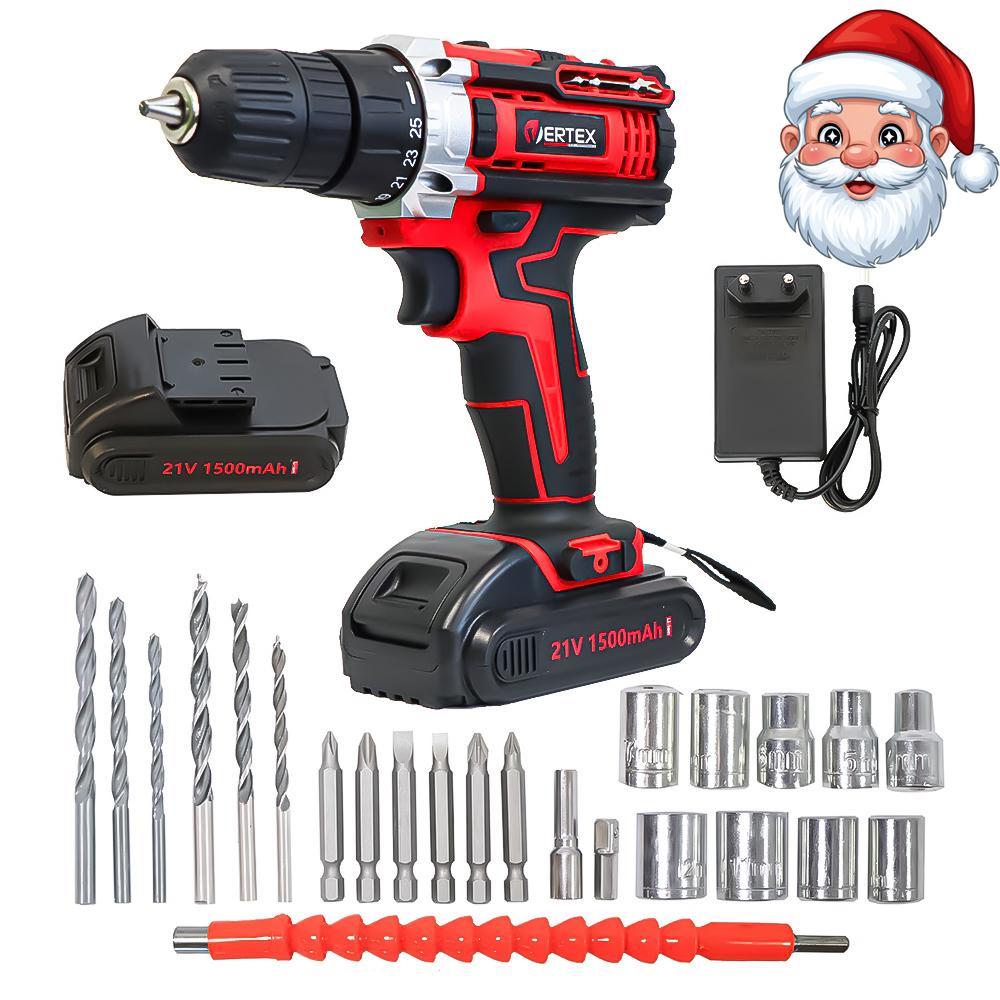 Vertex 21V akumulátorová vŕtačka/prístroj | Nabíjačka + 2 batérie + sada príslušenstva v kufríku: Vŕtačky, zásuvky, bity, adaptéry, predlžovacie nástavce